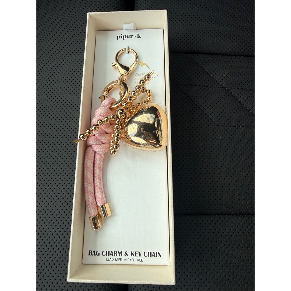 Piper K Gold Heart Bag Charm and Keychain Pink Rope Beaded Accessory New in Box‎